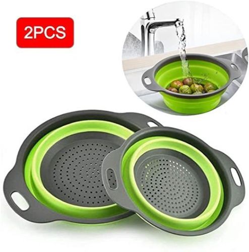 Collapsible Colander Silicone Bowl Strainer Set of 2, Portable Folding Filter Basket Bowls Container Rubber Strainer, Use for Draining Fruits